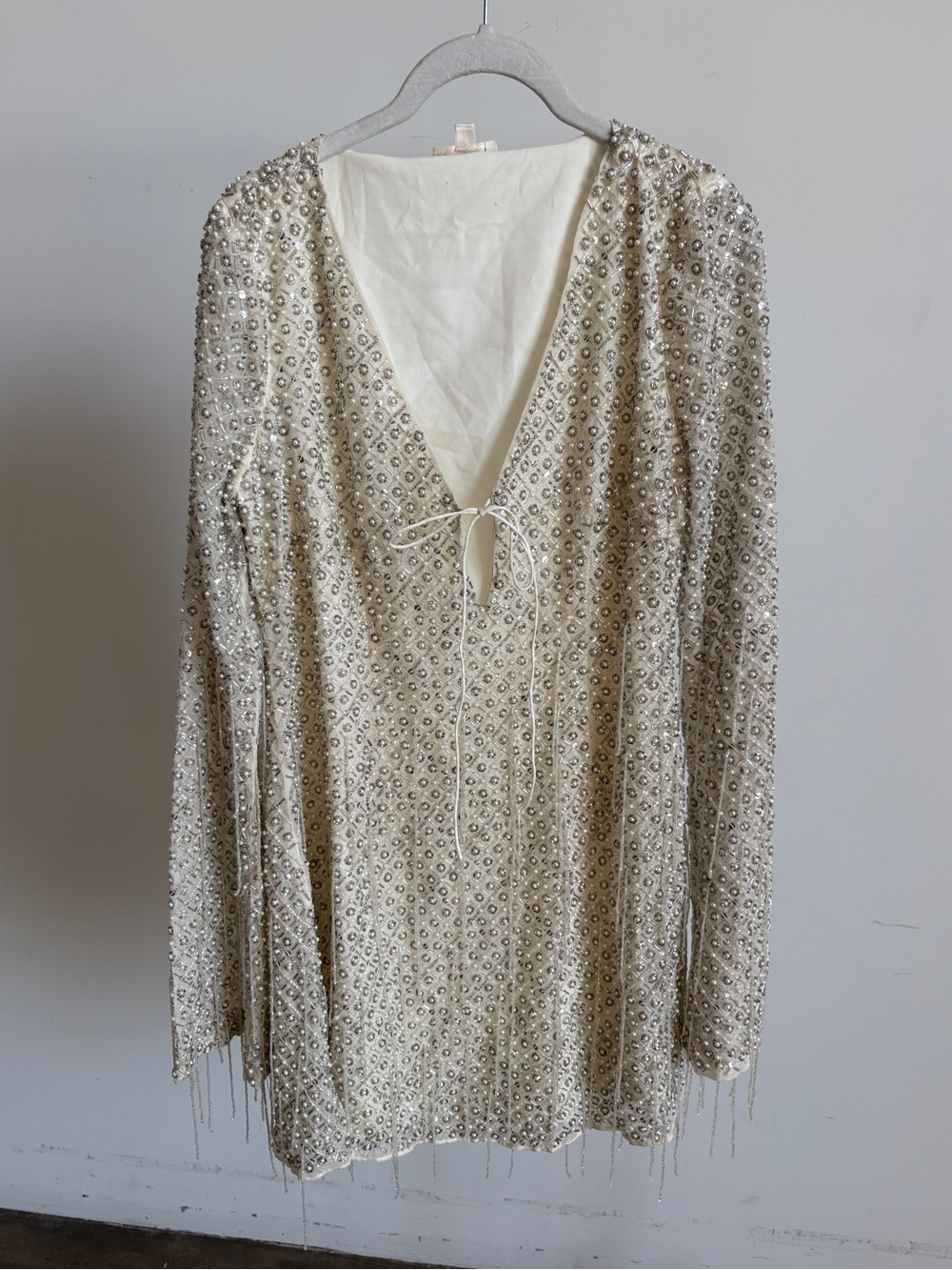 $939 NWOT For Love & Lemons Twinkle Sequin Beaded Mini Dress in Silver Sz Large - Picture 6 of 16